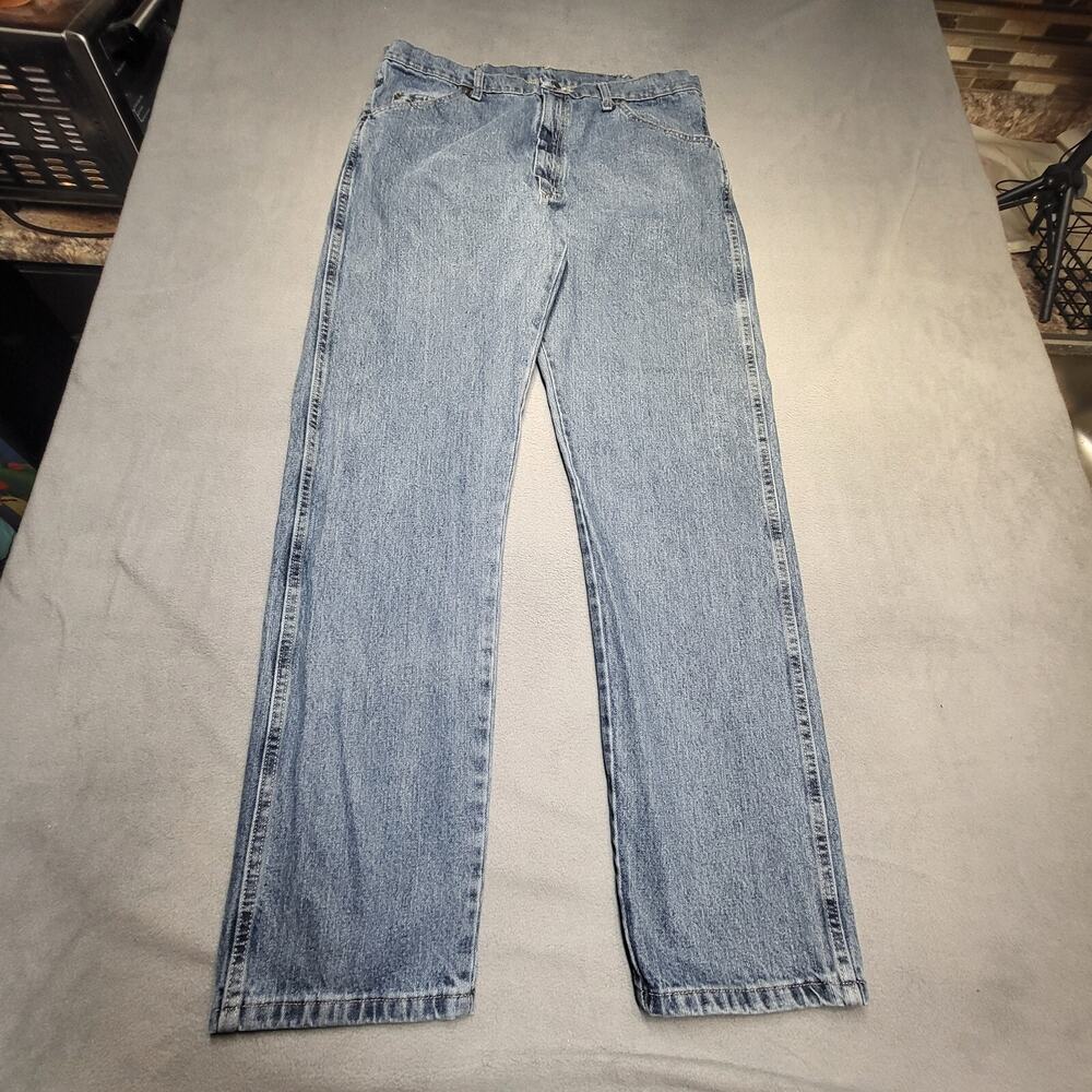 Wrangler Blues Jeans Mens 36x34 Blue Straight Leg Western Distressed Denim